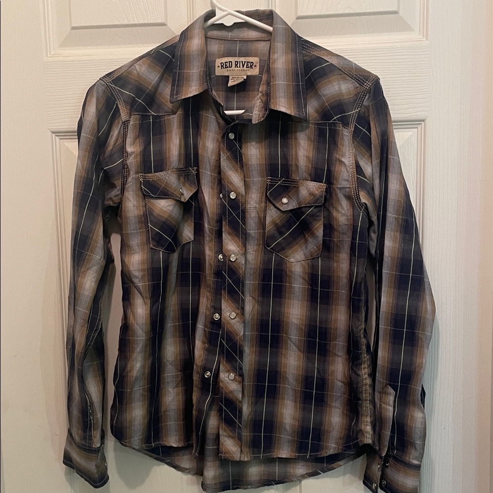 Boys xl red river pearls snap long sleeve plaid shirt